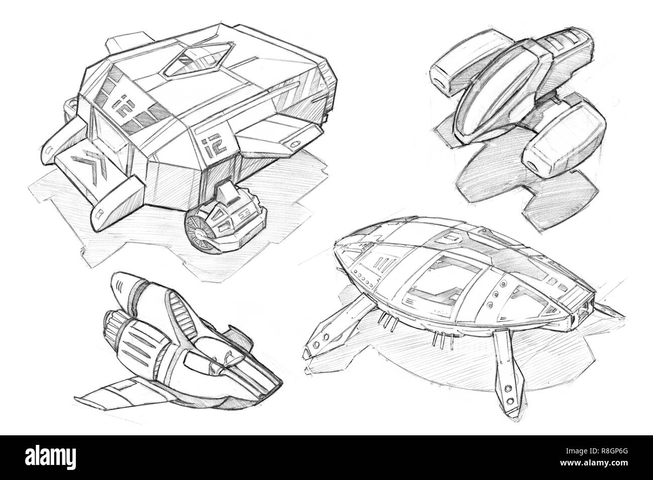 Matita Concept Art disegno di insieme di astronavi futuristiche o navicelle spaziali Foto Stock