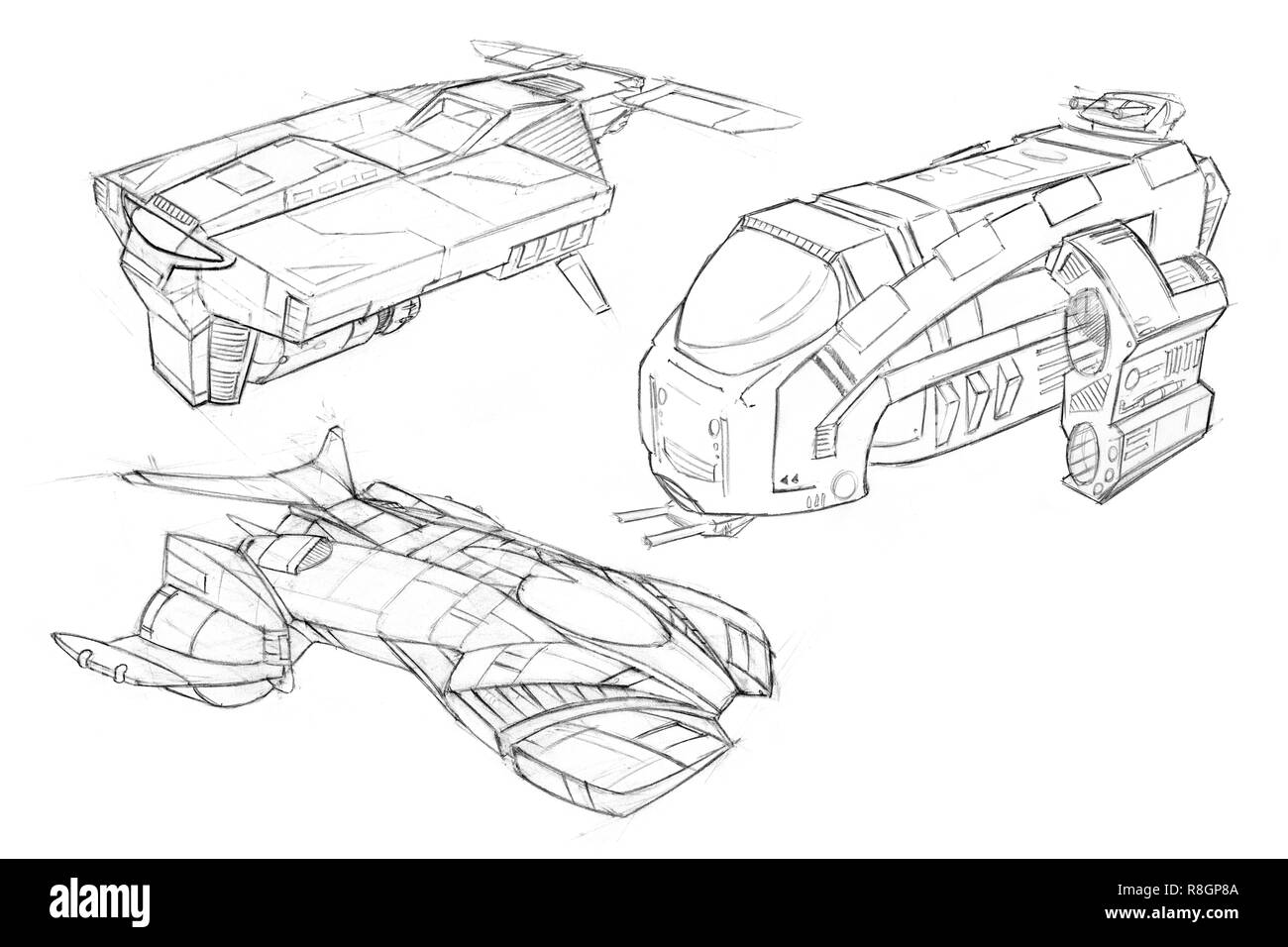 Matita Concept Art disegno di insieme di astronavi futuristiche o navicelle spaziali Foto Stock