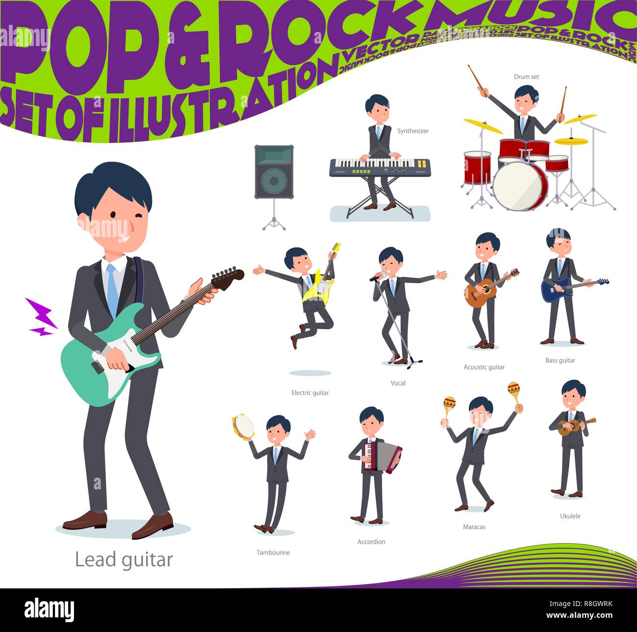 Un set di imprenditore suona rock 'n' roll e la musica pop.Ci sono anche diversi strumenti come ukulele e tamburello.it arte vettoriale così eas Illustrazione Vettoriale