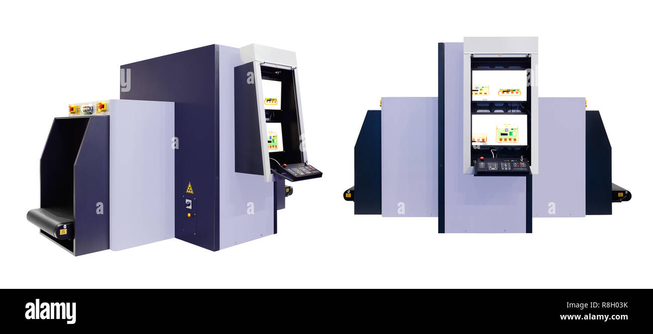 Macchina a raggi X in aeroporto al banco check-in o сhecking bagagli o altre cose per i trasporti e il turismo e in luoghi pubblici contro gli atti terroristici isolati su Foto Stock