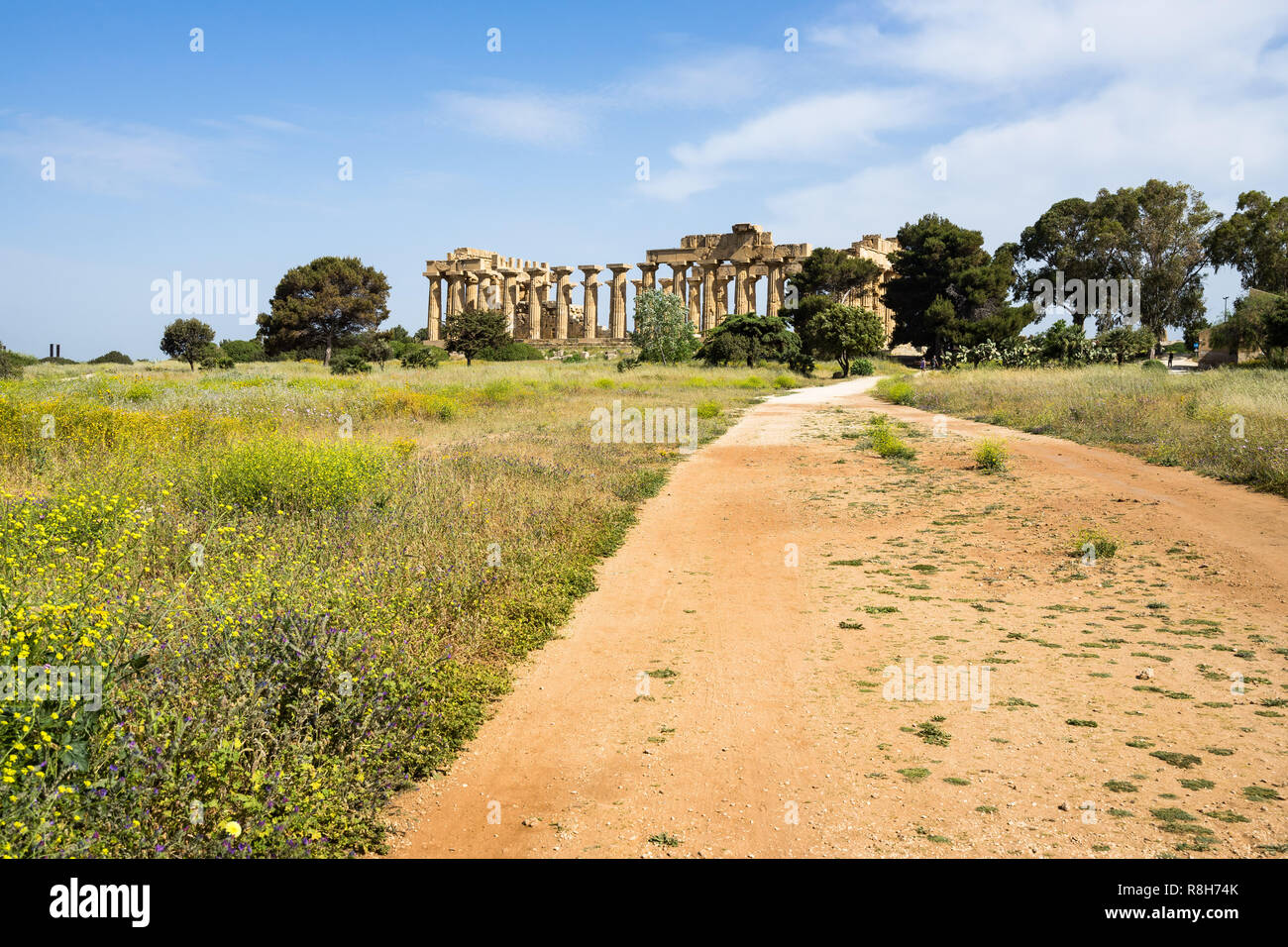 Vista laterale del tempio di Hera Tempio (E) a Selinunte il parco archeologico di Castelvetrano, Sicilia, Italia Foto Stock