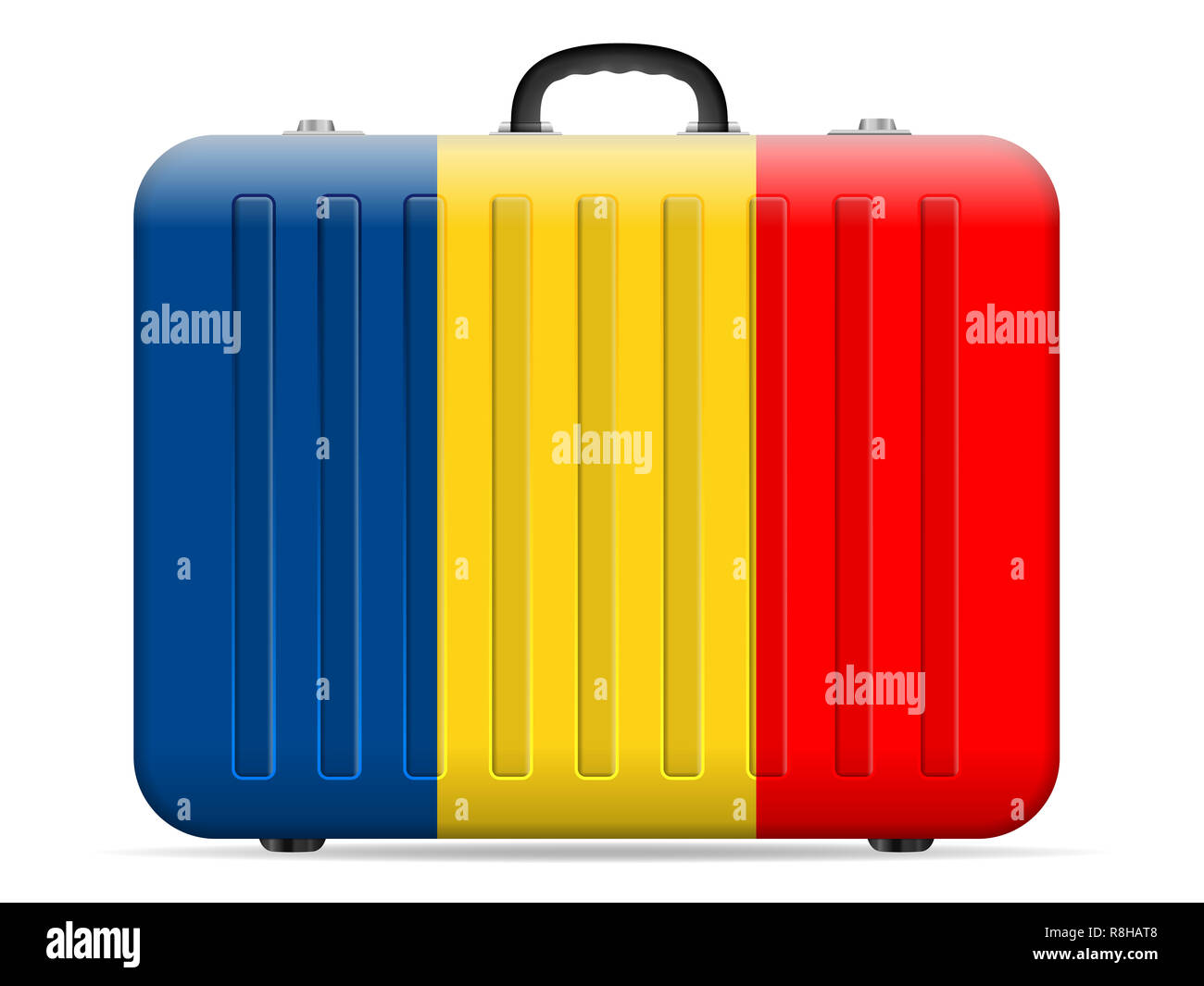 Bandiera della Romania travel valigia su uno sfondo bianco. Illustrazione Vettoriale. Foto Stock