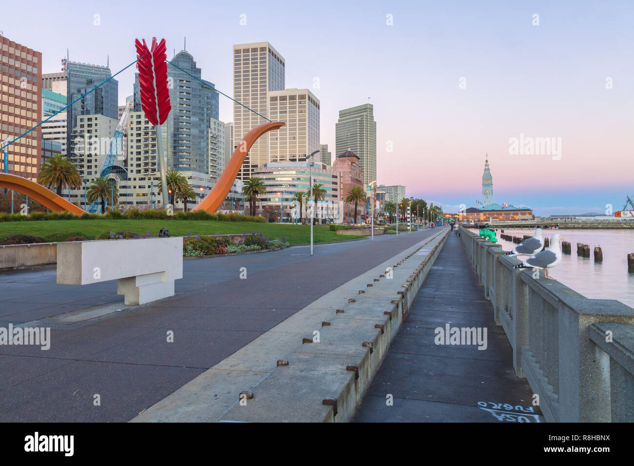 Il Waterfront Park a Embarcadero, con la San Francisco Downtown e il Ferry Building in background, alle prime luci dell'alba, California, Stati Uniti. Foto Stock Il Waterfront Park a Embarcadero, con la San Francisco Downtown e il Ferry Building in background, alle prime luci dell'alba, California, Stati Uniti. Foto Stock