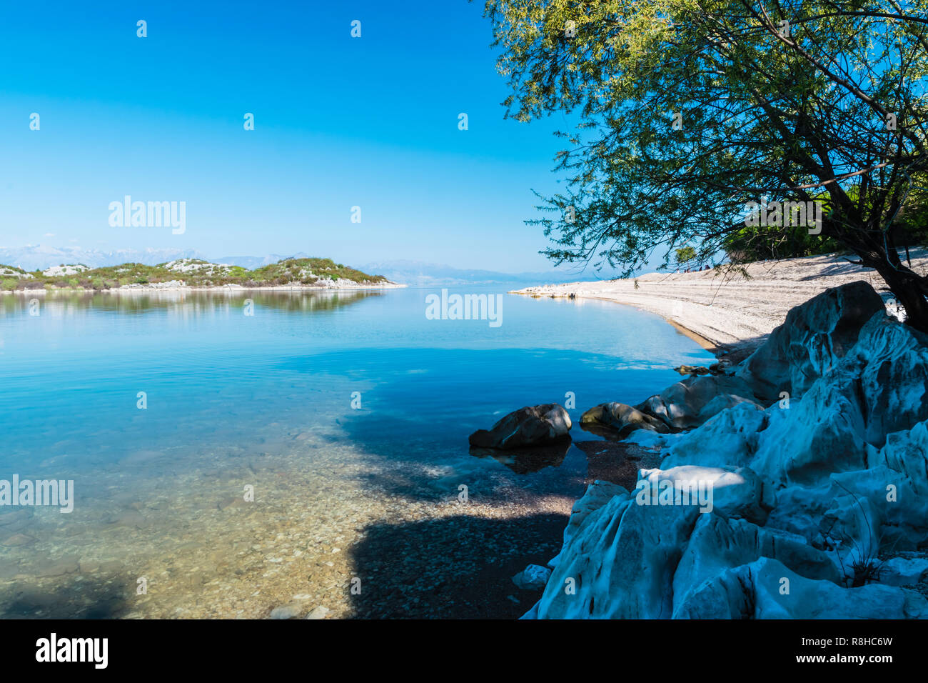 Bianco ricerca tropicale spiaggia con rocce bianche, gli alberi e le montagne in de background a Lago di Skadar, Montenegro durante il giorno asunny in primavera. Foto Stock
