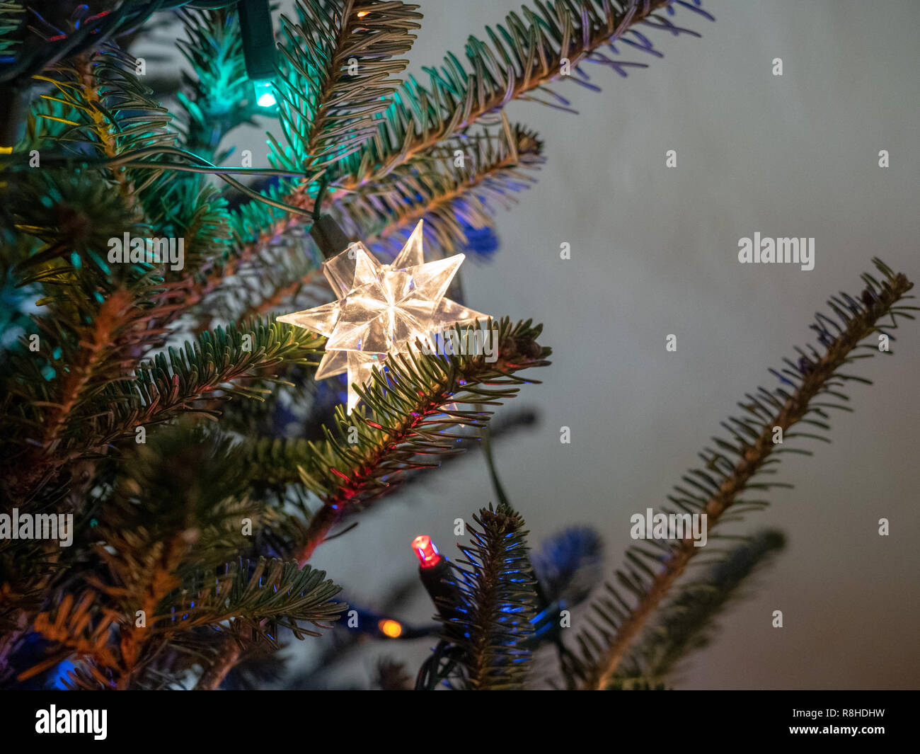 Albero Di Natale Con Le Luci Rosse E La Stella Luminosa Immagine