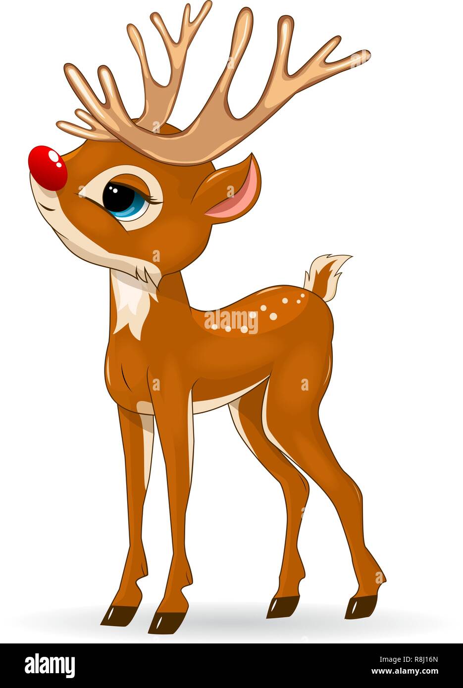 Poco cartoon deer su uno sfondo bianco. Deer baby con un naso rosso. Illustrazione Vettoriale
