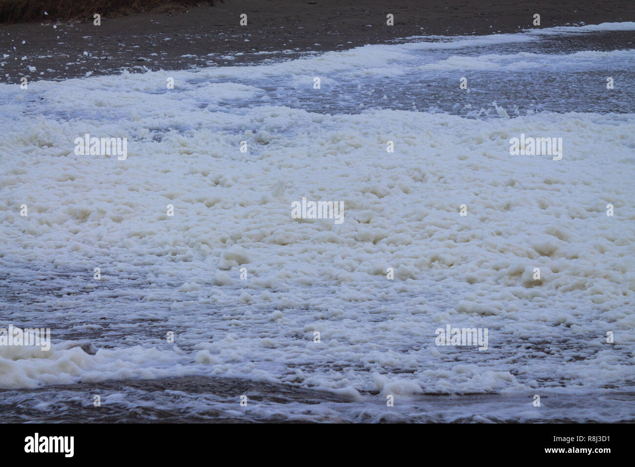 Schiuma di Mare agitato da una tempesta il rotolamento sulla spiaggia Foto Stock