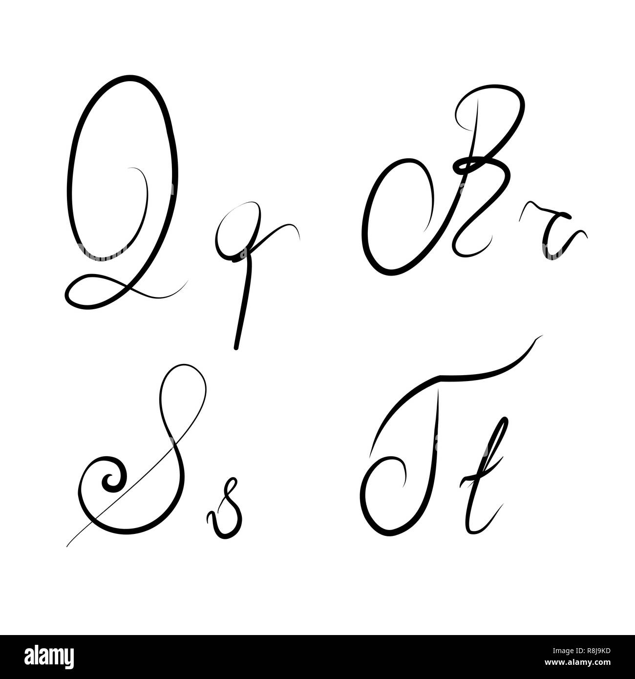 Disegnato a mano lettere calligrafico Q,R,S,T isolato Foto Stock