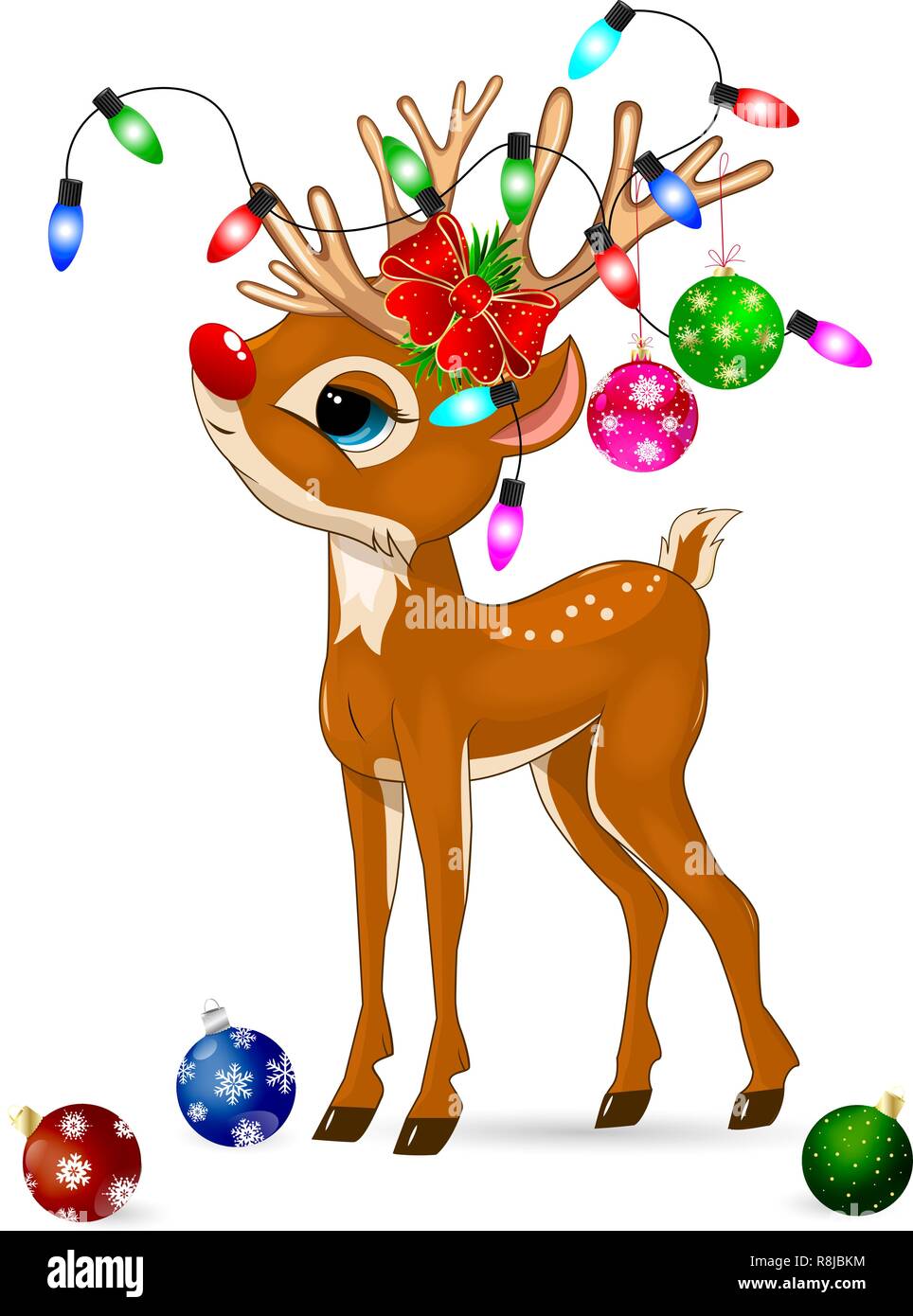 Poco cartoon cervo con decorazioni di Natale su uno sfondo bianco. Deer baby con un naso rosso. Illustrazione Vettoriale