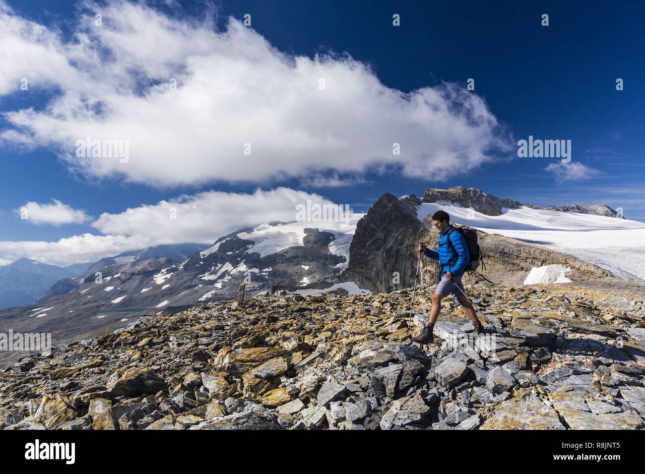 Francia, Savoia, Pralognan La Vanoise, Parco Nazionale della Vanoise, la Roche Ferran e Roche Ferran ghiacciaio e vista del ghiacciaio Gebroulaz Foto Stock