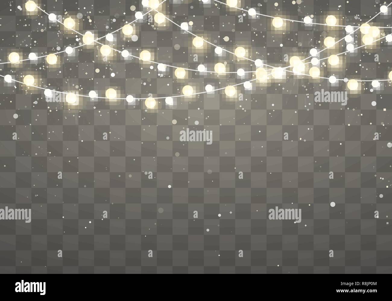 Le luci di Natale con scintillanti fiocchi di neve caduta isolato su sfondo trasparente. Xmas incandescente garland. Vacanze design decorativo elementi. Garl Illustrazione Vettoriale