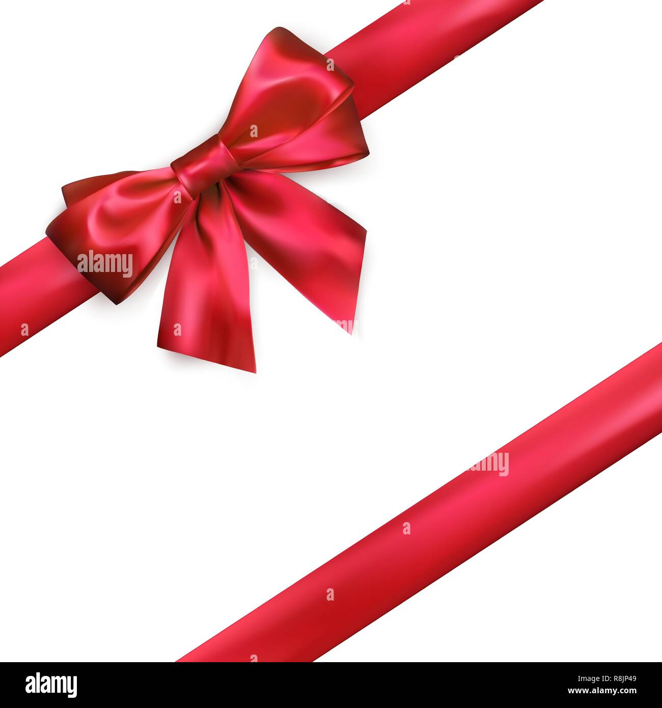 Rosso lucido di seta e di prua nastro su sfondo bianco. Holiday decoretion elemento. Illustrazione di vettore isolato su sfondo bianco Illustrazione Vettoriale