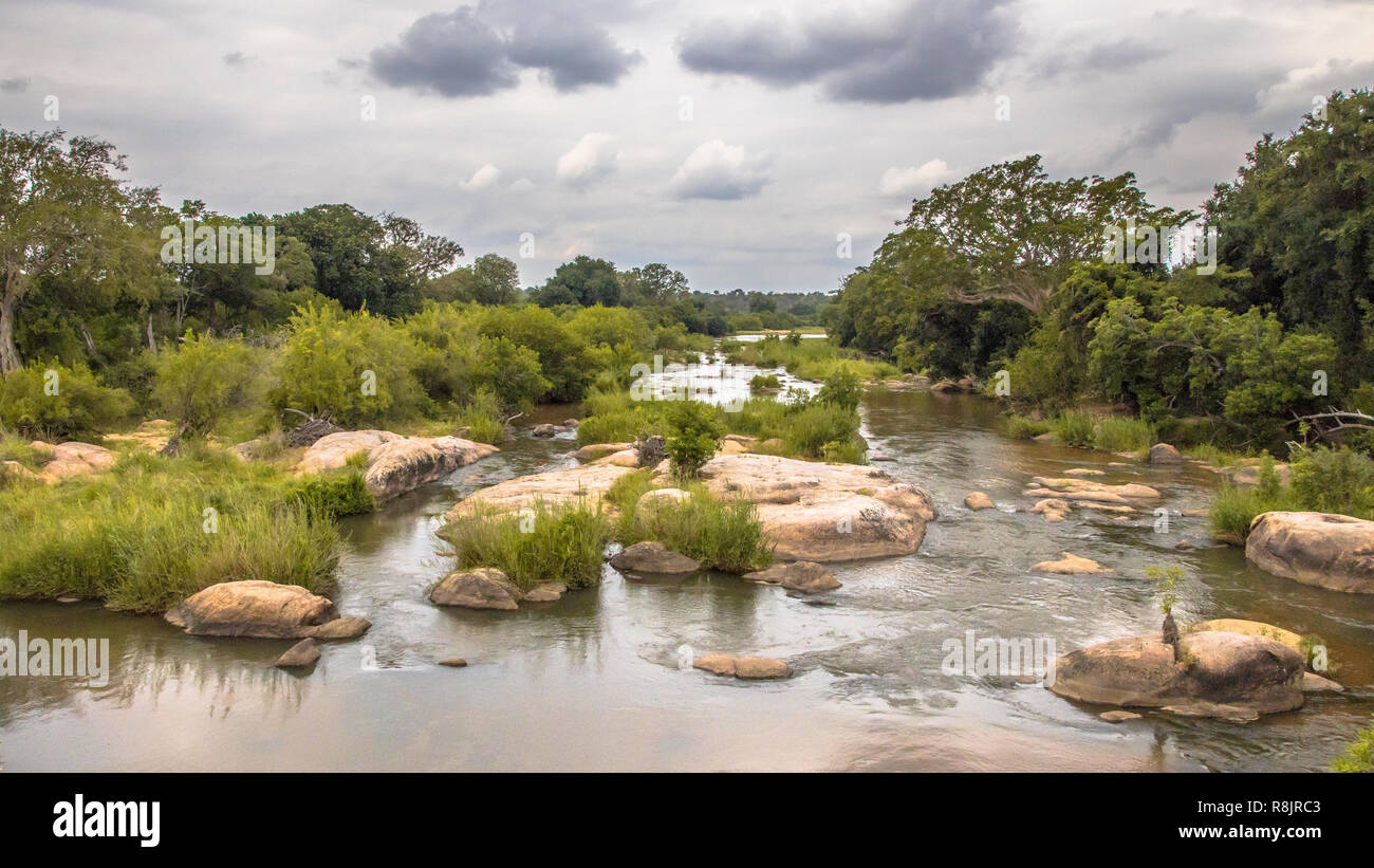 Panorama del Fiume Sabie incrocio vicino Skukuza camp nel parco nazionale Kruger Sud Africa Foto Stock