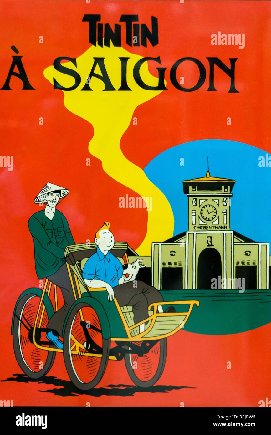 Il Vietnam, la regione di Sud Est, la città di Ho Chi Minh (Saigon), la copertura dell'immaginario album di Tintin a Saigon d'Herge, dipinte a mano pannello laccato Foto Stock
