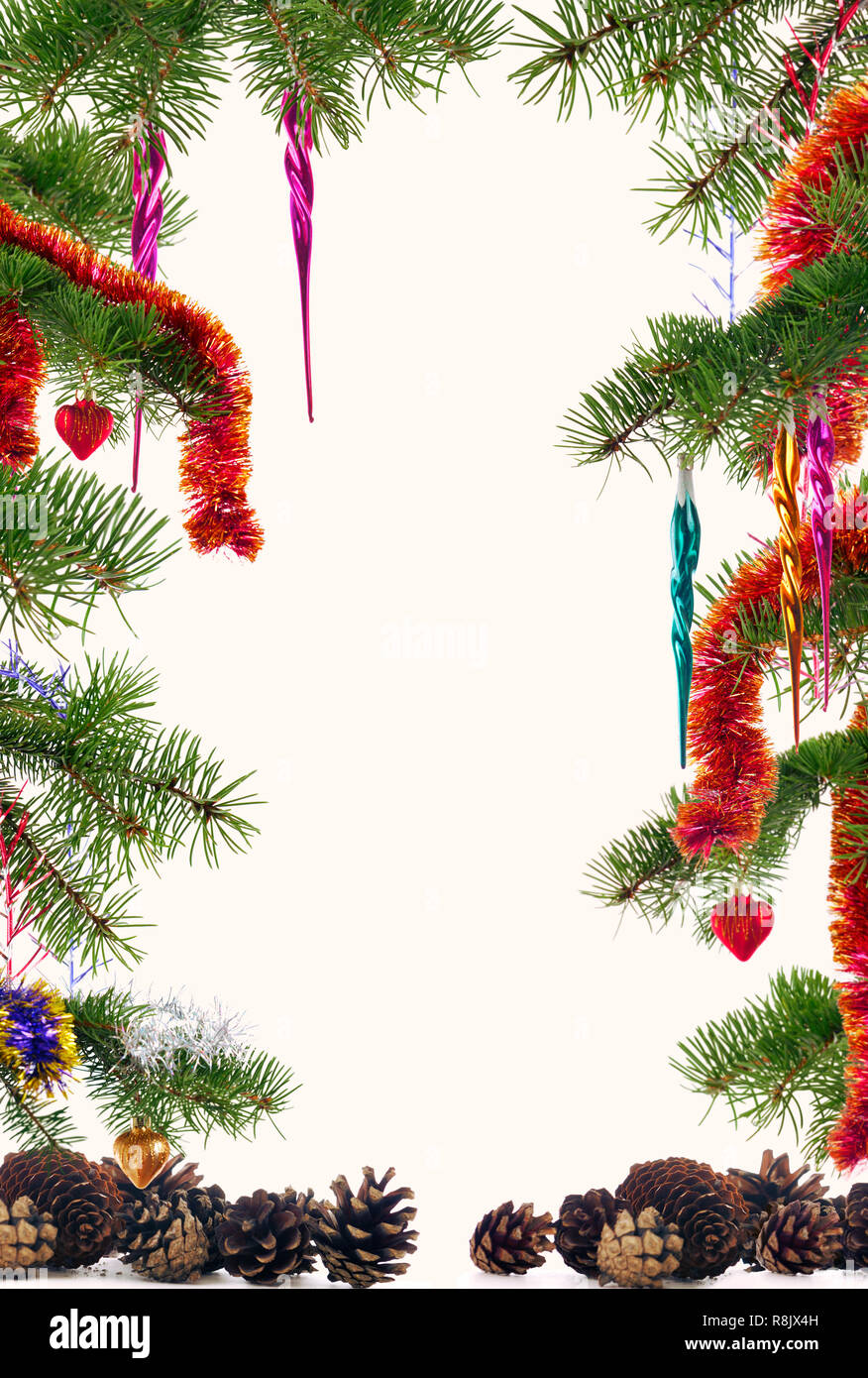 Albero di natale rami decorate con ornamenti colorati e pigne incorniciata su off-sfondo bianco con copyspace nel centro Foto Stock