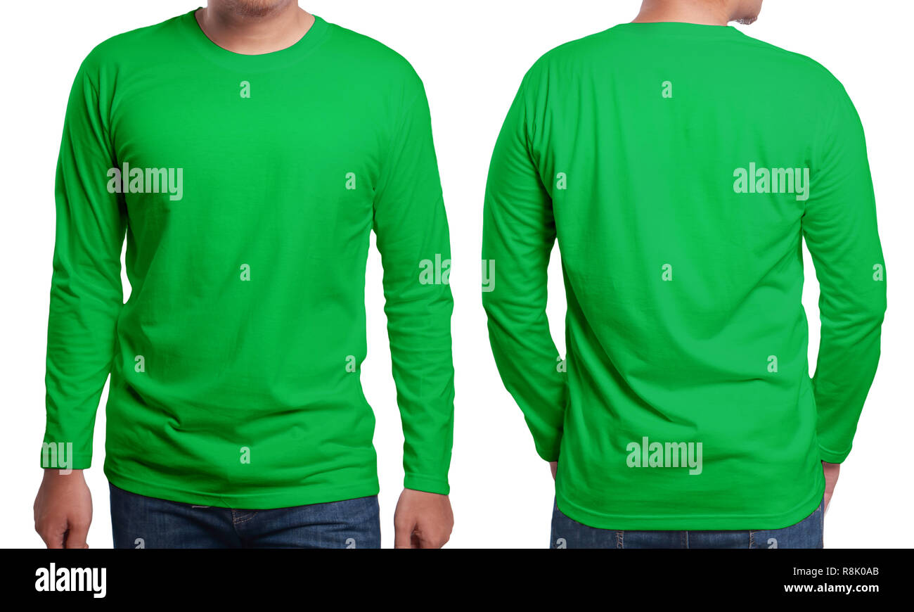 Verde con maniche lunghe t-shirt mock up, vista anteriore e posteriore, isolata. Modello maschio normale usura camicia verde mockup. Camicia a maniche lunghe modello di disegno. Vuoto Foto Stock