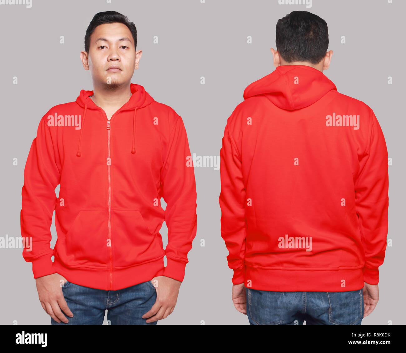 Felpa vuoto mock up, frontale e vista posteriore, isolato su grigio. Asian maschio modello usura normale felpa con cappuccio rosso mockup. Felpa con cappuccio design presentazione. Ponticello per Foto Stock