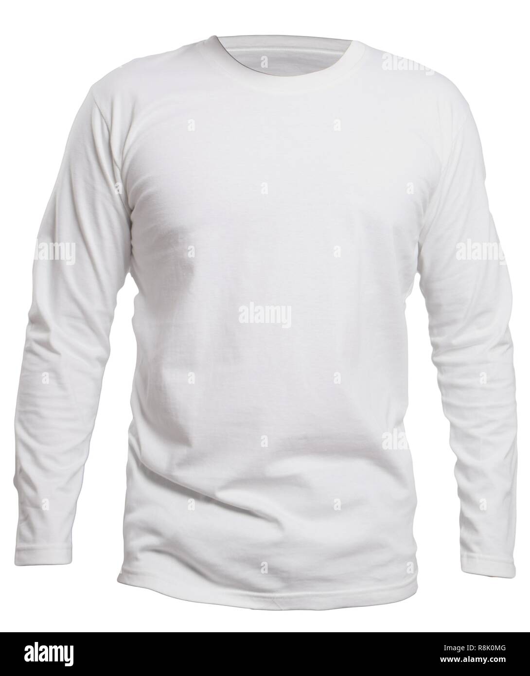 Blank camicia a maniche lunghe mock up modello, vista frontale, isolato su bianco, pianura bianca t-shirt mock up. A MANICA LUNGA tee design presentazione per la stampa. Foto Stock