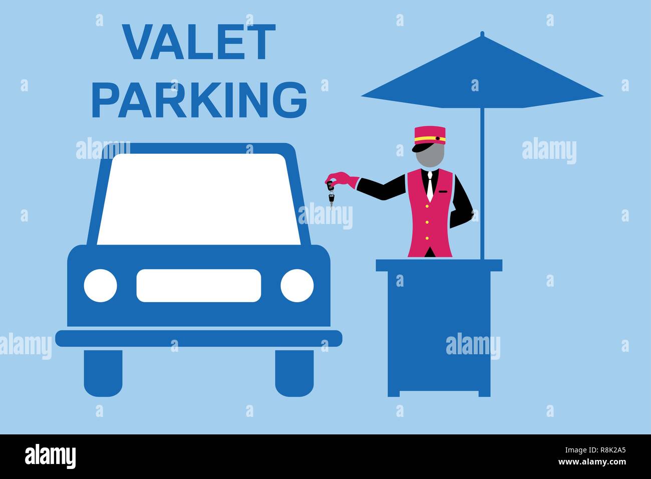 Servizio parcheggio cartello desing valet con tavolo e ombrellone. Tutti gli oggetti sono in diversi strati e i tipi di testo non è necessario alcun font. Illustrazione Vettoriale