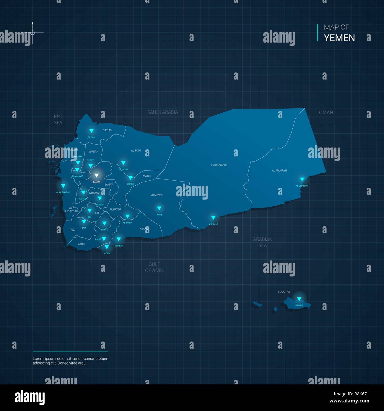 Vettore mappa dello Yemen illustrazione con neon blu lightpoints - triangolo sul blu scuro gradiente dello sfondo. Divisioni amministrative Illustrazione Vettoriale