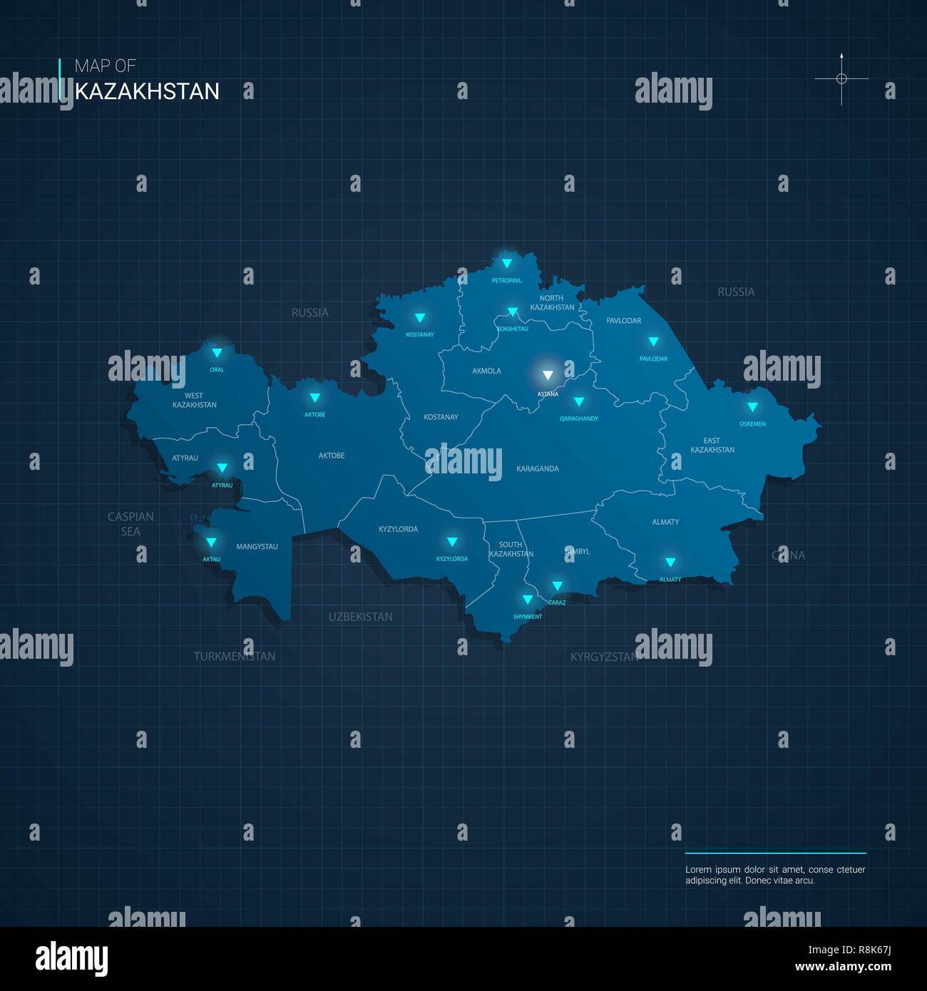 Vettore Mappa di Kazakistan illustrazione con neon blu lightpoints - triangolo sul blu scuro gradiente dello sfondo. Divisioni amministrative Illustrazione Vettoriale