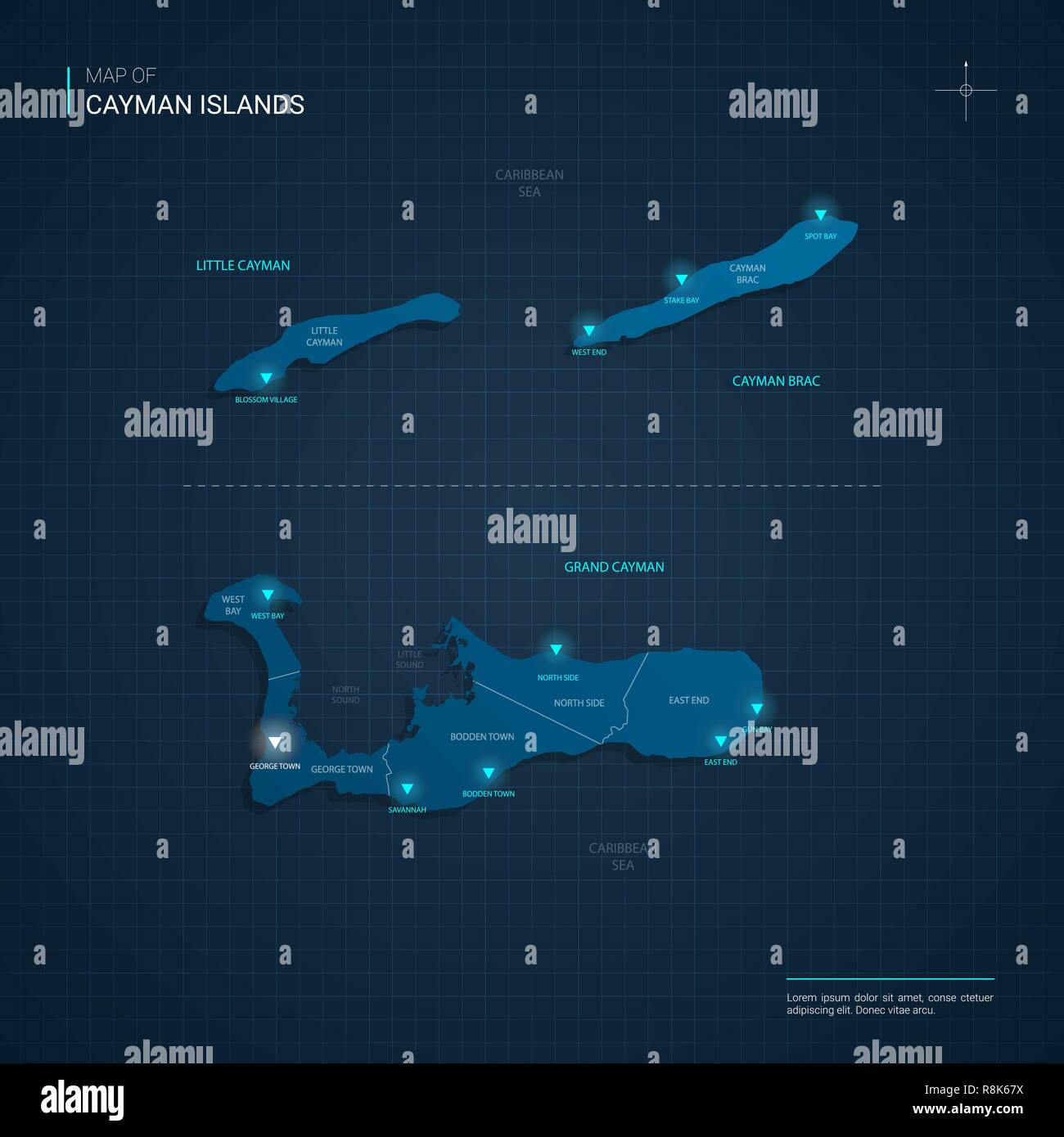 Il vettore delle Isole Cayman mappa illustrazione con neon blu lightpoints - triangolo sul blu scuro gradiente dello sfondo. Divisioni amministrative Illustrazione Vettoriale