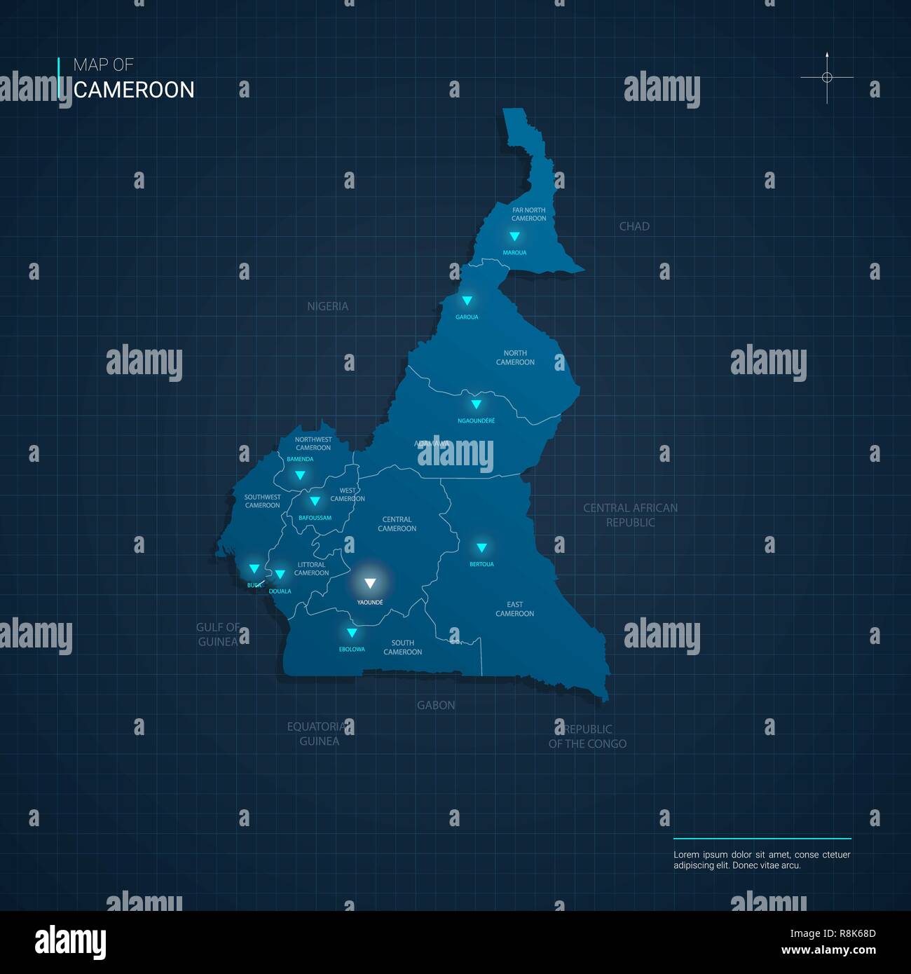 Vector Camerun mappa illustrazione con neon blu lightpoints - triangolo sul blu scuro gradiente dello sfondo. Divisioni amministrative Illustrazione Vettoriale