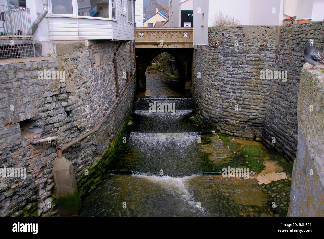 Fiume Lim passando sotto il ponte della strada ponte stradale, Lyme Regis, Dorset, Inghilterra Foto Stock