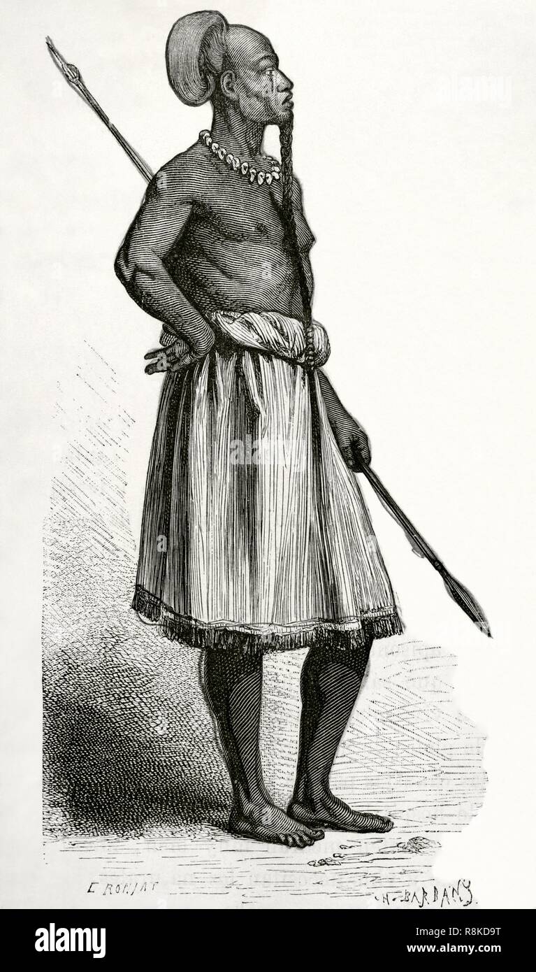 Africa centrale. Kiteté, Jefe de Mpungu. Dibujo por Etienne Ronjat (1822-?). Grabado por Charles Barbant. Africa Inexplorada, El Continente misterioso, por Henry Morton Stanley, h. 1887. Biblioteca Histórico Militar de Barcelona, Cataluña, España. Foto Stock