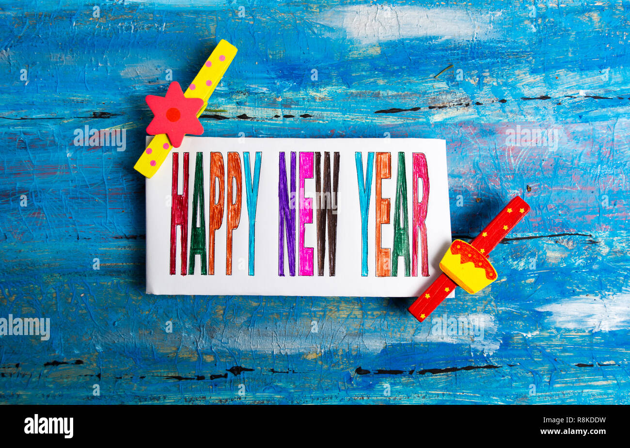 Felice Anno Nuovo decorato carta vacanze, vacanze inverno stagione Foto Stock