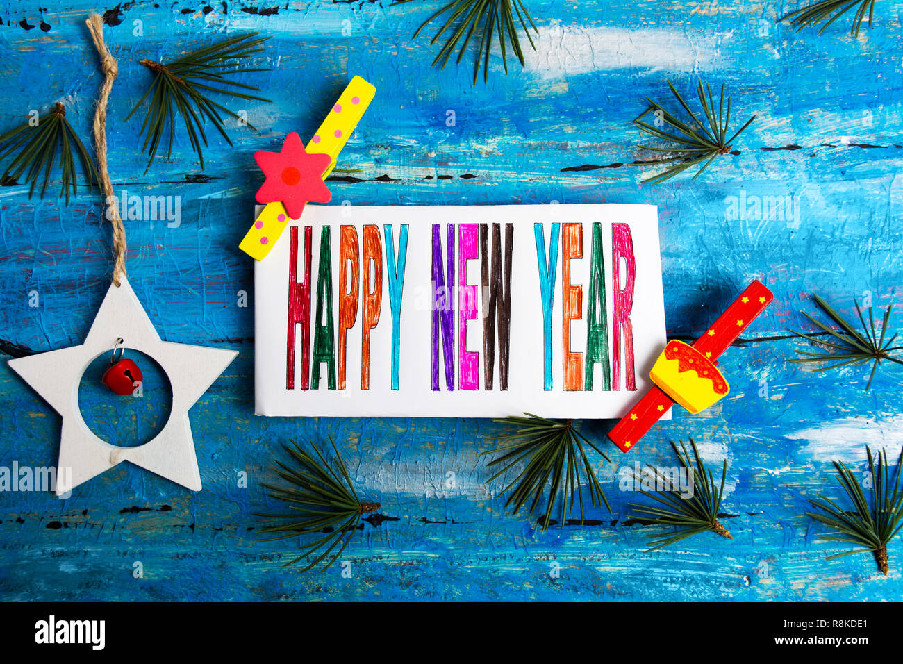 Felice Anno Nuovo decorato carta vacanze, vacanze inverno stagione Foto Stock