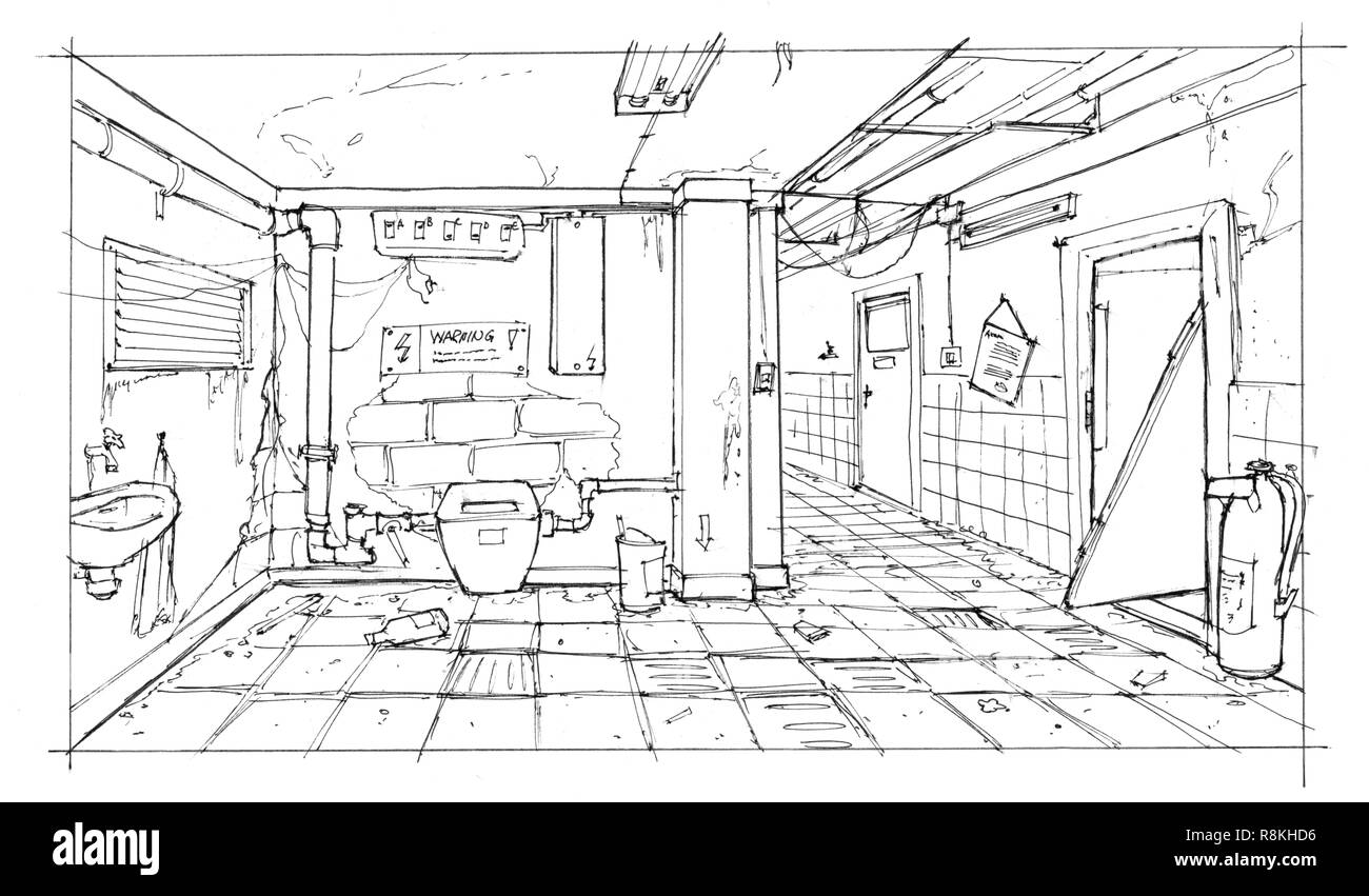 Disegno a inchiostro di abbandonato e devastato con corridoio interno Foto Stock