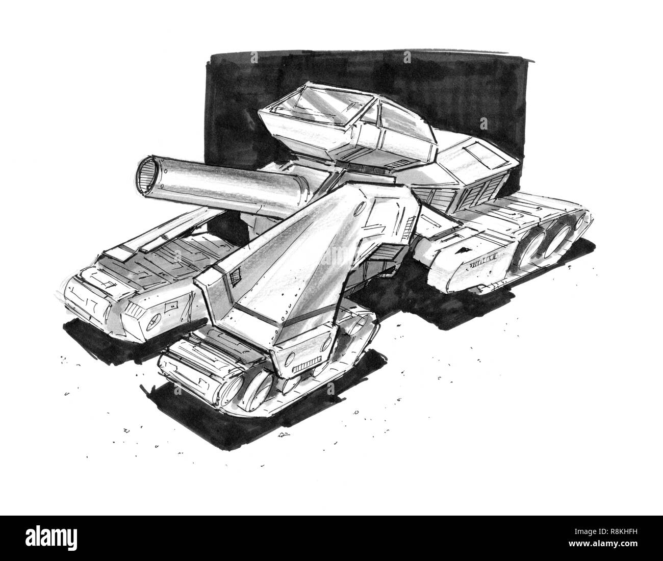 Inchiostro nero Concept Art disegno di Sci-fi futuro serbatoio militare o il design di Artiglieria Foto Stock