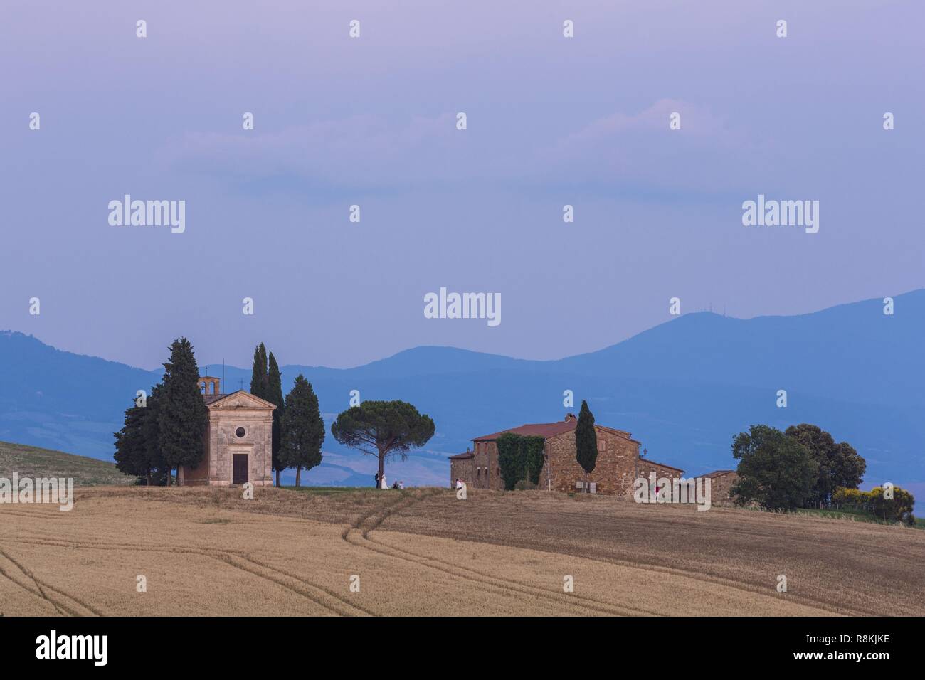 L'Italia, Toscana, Val d'Orcia elencati come patrimonio mondiale dall' UNESCO, campagna nei pressi di Pienza, la Cappella della Madonna di Vitaleta Foto Stock