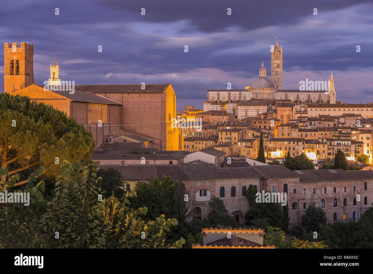 L'Italia, Toscana, Siena, elencato come patrimonio mondiale dall UNESCO, vista la Nostra Signora della cattedrale dell Assunzione, il Duomo e la Basilica di San Domenico e la Torre del Mangia Foto Stock