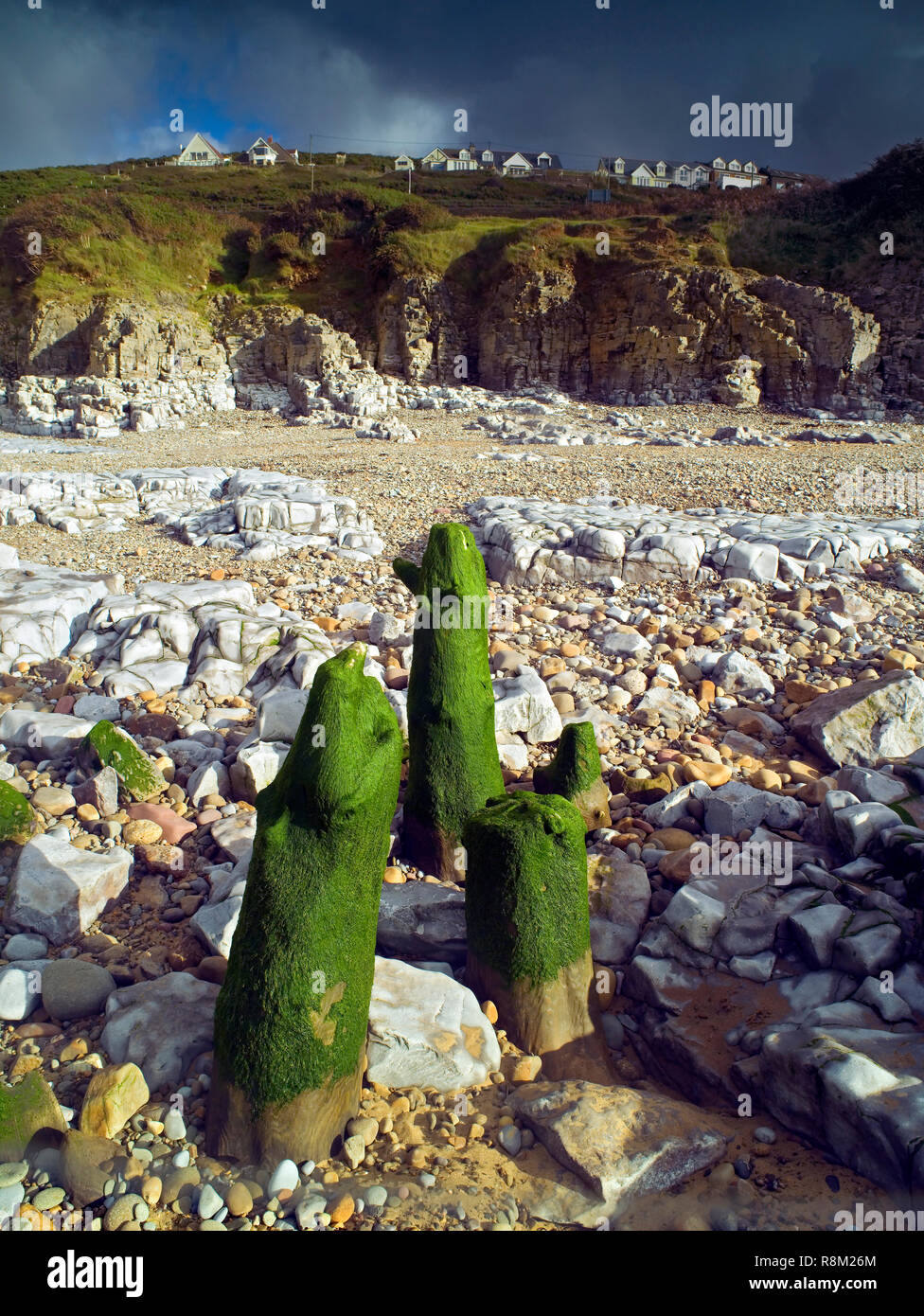 Una soleggiata vista della spiaggia di ciottoli a Ogmore-da-mare in Glamorgan Heritage Coast. Foto Stock