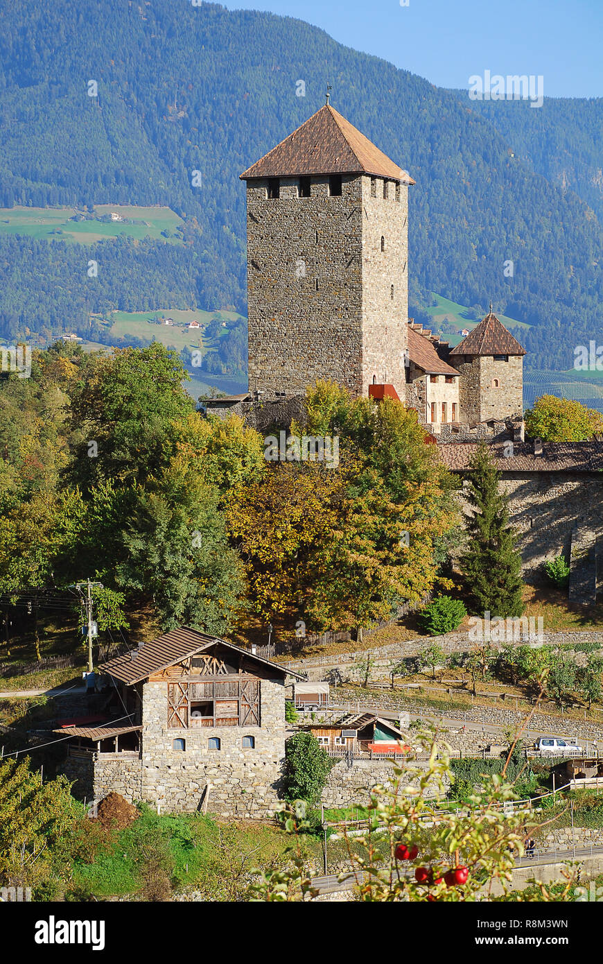 Il mantenere (torre) di Castel Tirolo in Tirolo, Alto Adige, Italia. Castel Tirolo ospita il Museo Provinciale di Cultura e Storia provinciale Foto Stock