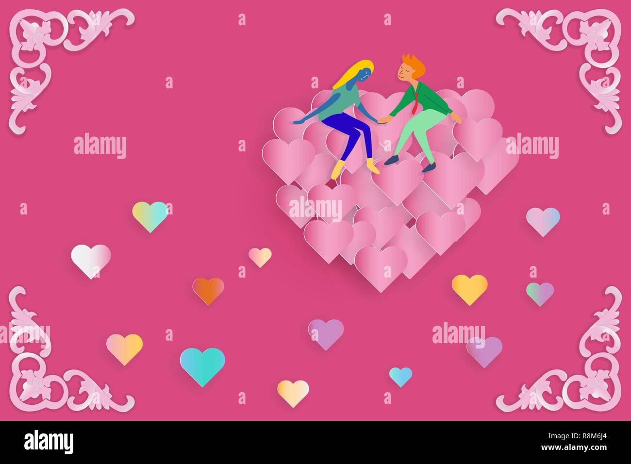 Illustrazione di amante seduta sul gruppo di galleggiamento del cuore rosso palloncino con piccolo cuore scatter su sfondo rosa. carta stile arte per san valentino concep Illustrazione Vettoriale