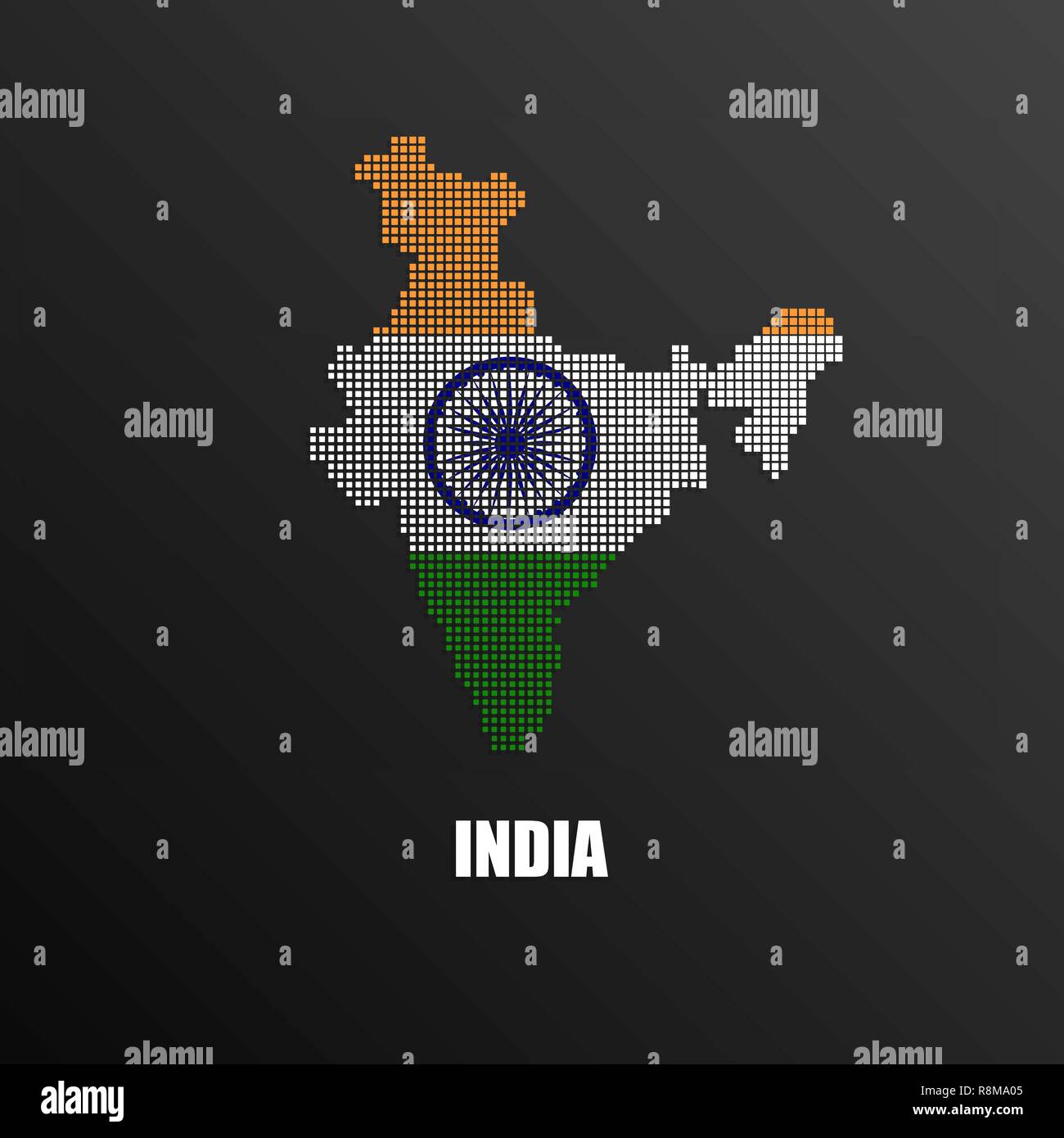 Illustrazione Vettoriale di astratta mappa halftone dell India fatta di pixel quadrati con nazionale indiano colori di bandiera per la tua progettazione grafica e web Illustrazione Vettoriale