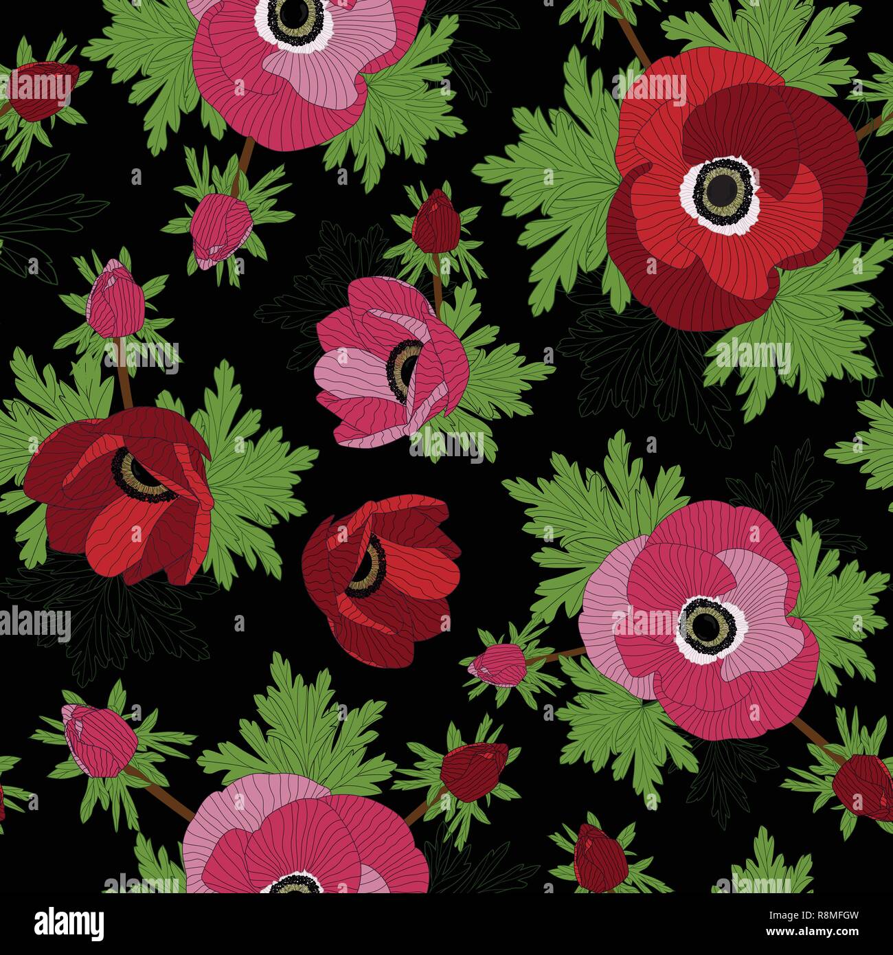 Floreali vettore seamless pattern con bel rosso e rosa fiori di anemone. Illustrazione Vettoriale