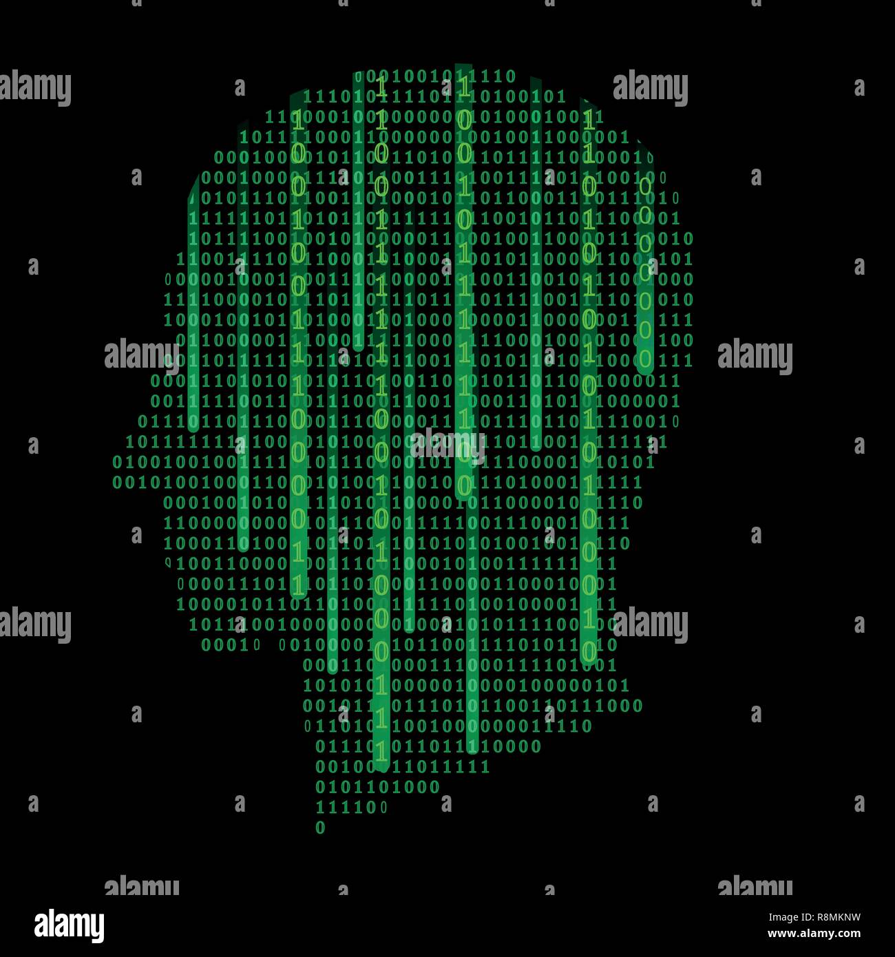 Testa umana silhouette, riempito con codice binario, serie di uno e zeri. Illustrazione Vettoriale - intelligenza artificiale, sci-fi o dati concetto di scienza. Technol Illustrazione Vettoriale
