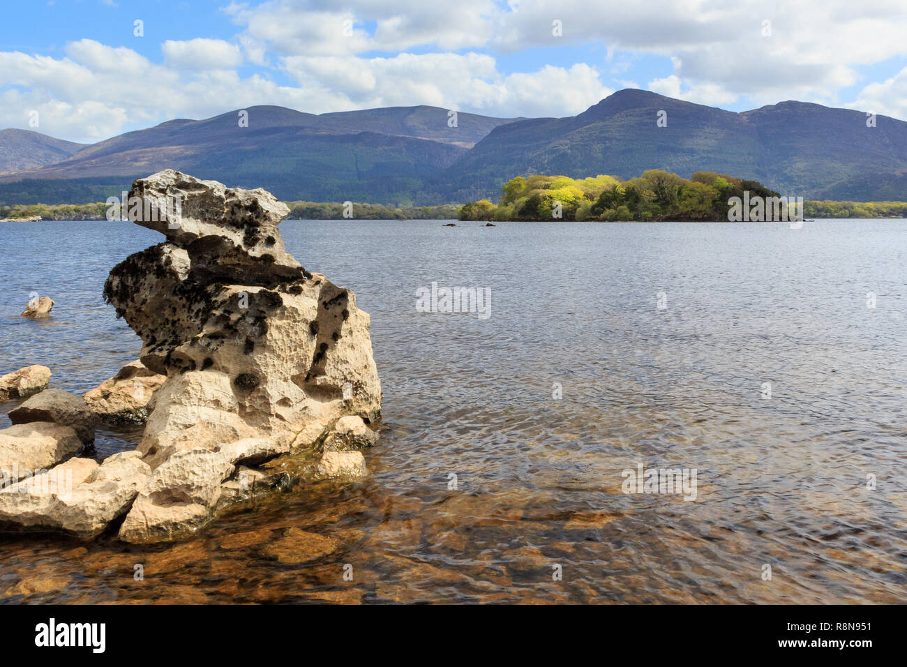 Guardando verso sud da Ross isola sulla riva del Lough Leane verso Torc montagna nel Parco Nazionale di Killarney, nella contea di Kerry, Irlanda Foto Stock