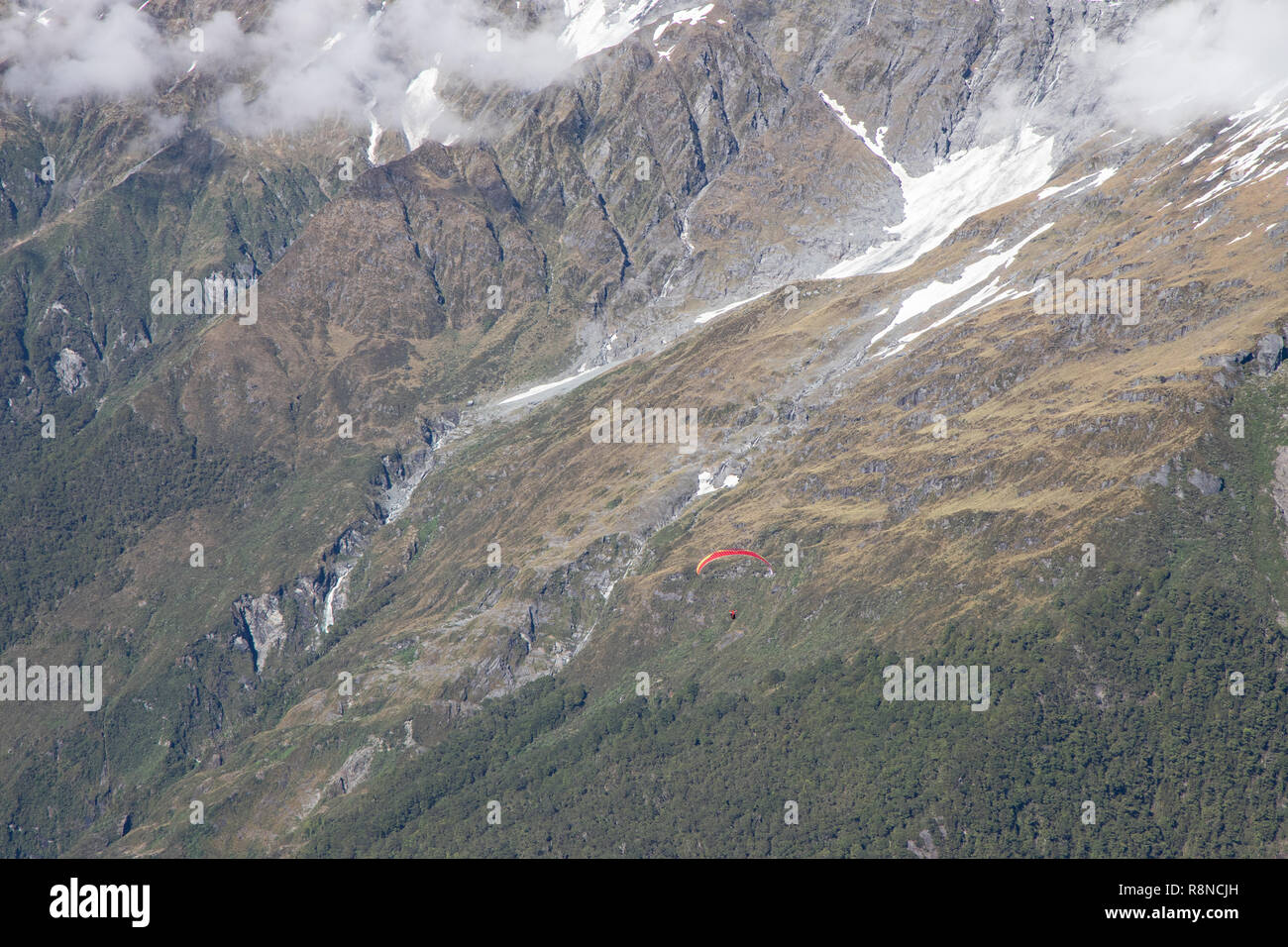 Parapendio volare in Mt Aspiring National Park, Nuova Zelanda Foto Stock