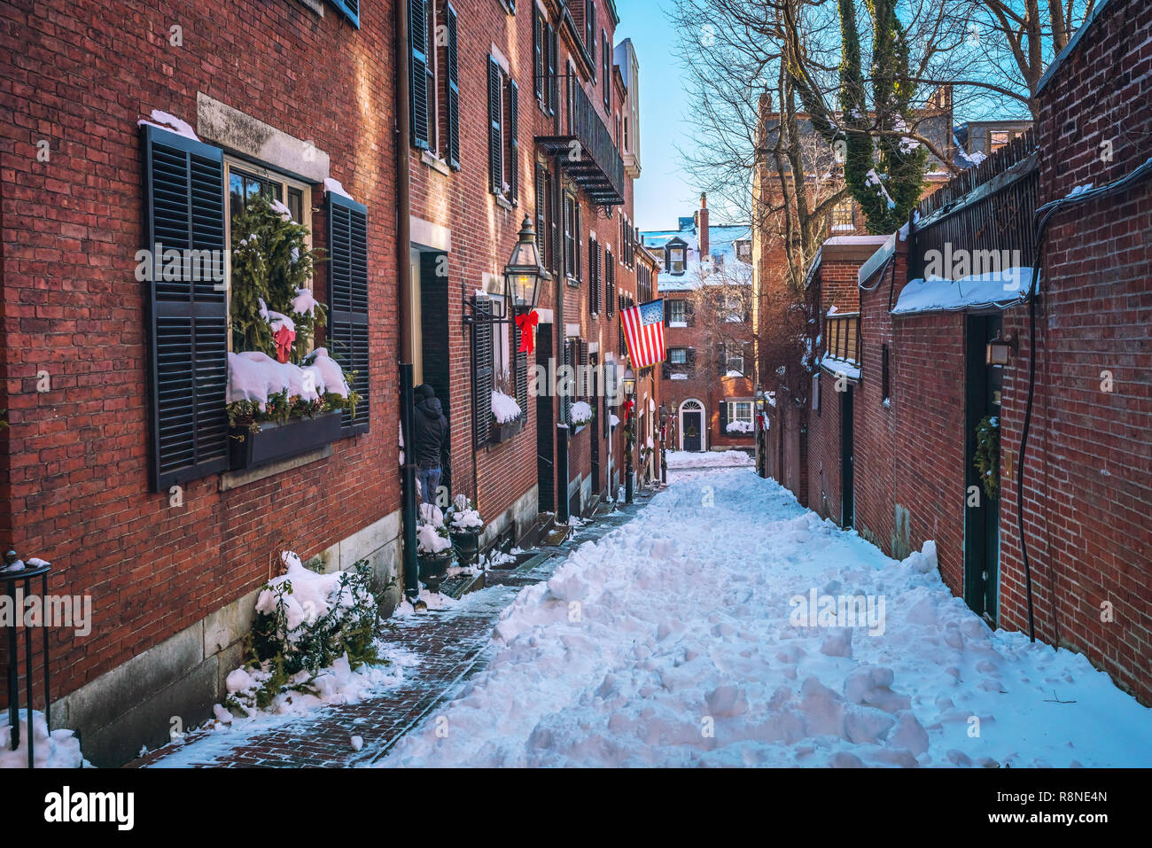 Boston vecchia strada stretta in inverno Foto Stock