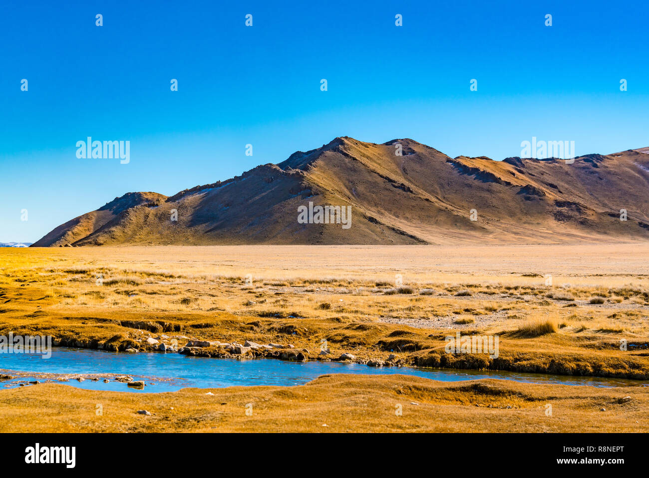 Scenic paesaggio mongola in autunno con la bella montagna contro il cielo blu, il grande giallo steppa e il flusso di acqua che scorre nei pressi di Ugii ho Foto Stock