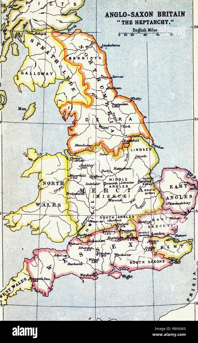Una mappa dei regni del Heptarchy anglosassone Foto Stock