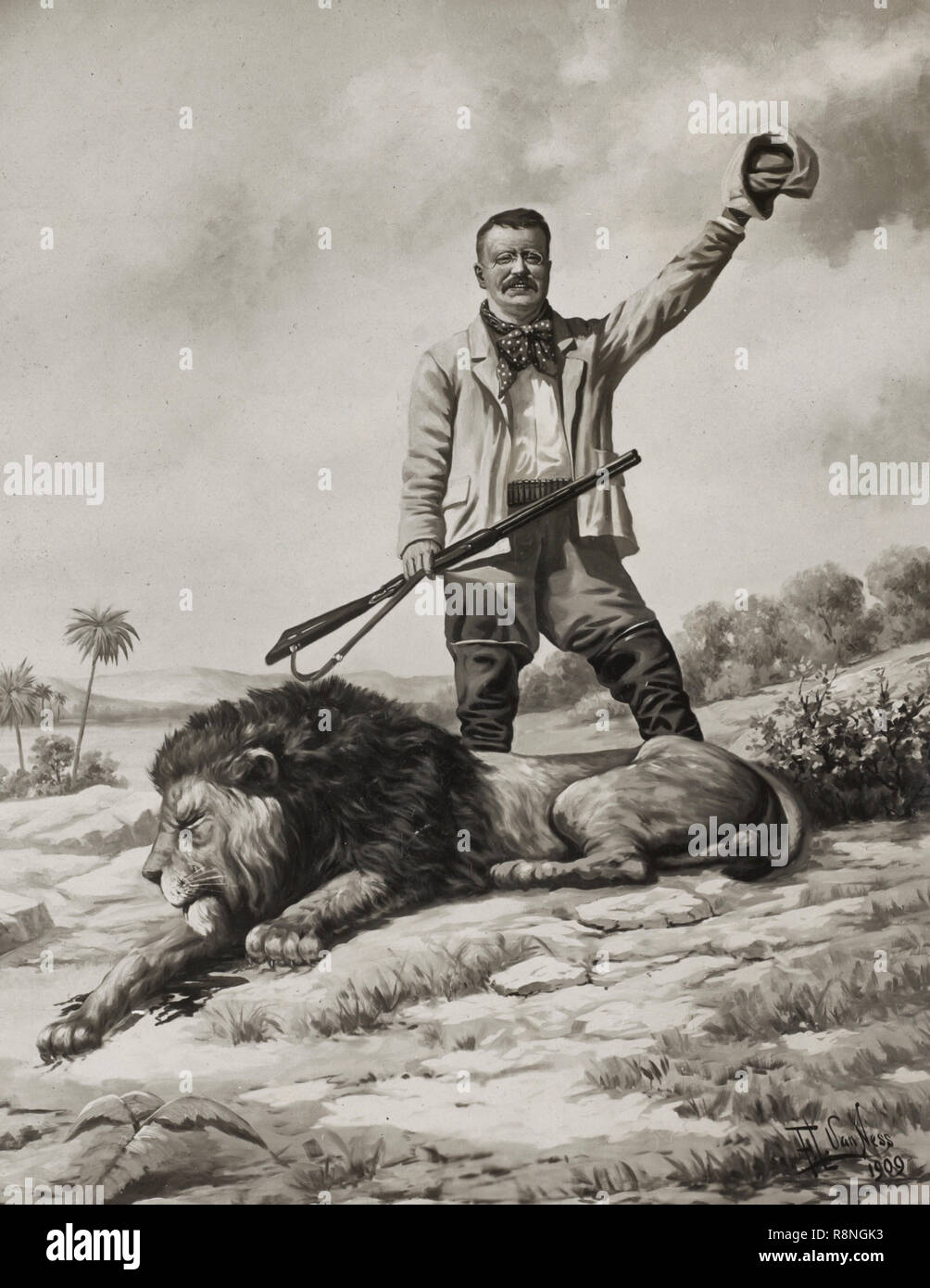Theodore Roosevelt con leone morto - Disegno di Frank Lewis Van Ness mostra permanente di Roosevelt su leone morto tenendo un fucile e agitando il suo cappello. 1909 Foto Stock