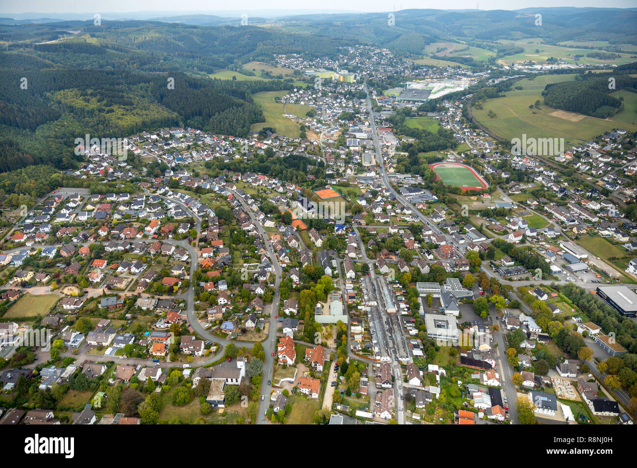 Vista aerea, panoramica di alberi di quercia, Stendenbach, Valcroce, Kreis Siegen-Wittgenstein, Renania settentrionale-Vestfalia, Germania, Europa, DEU, uccelli-occhi vista, Foto Stock