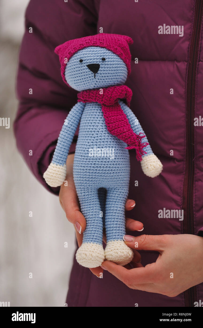 SYKTYVKAR, Russia - 16 dicembre 2018: Cat toy lavorati a maglia per la tecnica di lavorazione a maglia amigurumi in un Caldo berretto lavorato a maglia Foto Stock