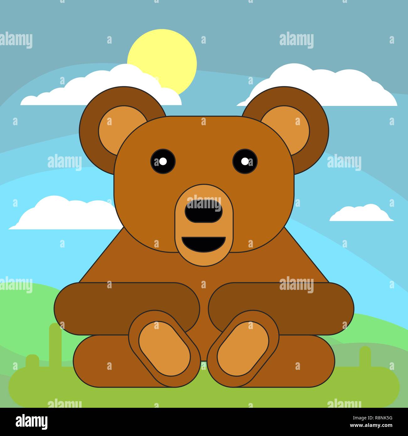 Orsacchiotto di peluche in cartoon stile piatto sullo sfondo di prati, sole e nuvole. Illustrazione Vettoriale su sfondo bianco. Illustrazione Vettoriale